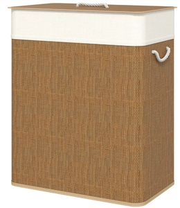 lot 315 image: HOMCOM Double Laundry Basket with Lid, 26.4 Gallon Bamboo Laundry Hamper with Rope Handles and Removable Liner, Brown