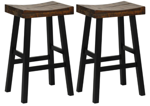 lot 334 image: COSTWAY Wooden Saddle Stools Set of 2, 29-inch Bar Height Stools with Curved Seat Surface, Rubber Wood, Acacia Wood, Footrests, Kitchen Island Counter Stools for Restaurant Cafe Pub, BrownBlack
