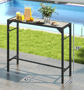 lot 401 image: Outsunny Outdoor Bar Table, Bar Height Patio Bar Table w Built-In Bottle Opener, Plastic Top with Wood Grain, 47.25 x 15 x 39 (Missing Hardware)