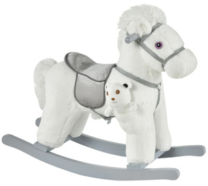 lot 402 image: Qaba Kids Plush Ride-On Rocking Horse with Bear Toy, Children Chair with Soft Plush Toy & Fun Realistic Sounds, White