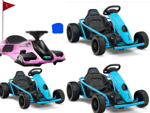 lot 417 image: LOT OF 4 RIDINGTON 24V Kids Electric Go-Kart with DRIFT Function & Ride on Kart and 360 Degree Rotating Wheels (BLUE AND WHITE)