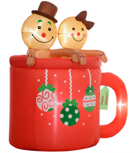 lot 420 image: Outsunny 6FT Inflatable Gingerbread Couple in Hot Cocoa Mug, Christmas Blow Up Decoration with LED Lights for Indoor, Outdoor