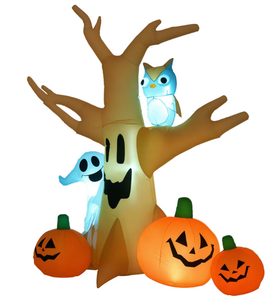 lot 424 image: HOMCOM 7.5 Tall Lighted Inflatable Cute Halloween Decoration, Haunted Tree With Owl, Ghost, Pumpkins, Blow Up Outdoor LED Yard Display, Waterproof