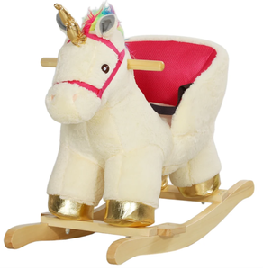 lot 428 image: Qaba Kids Rocking Horse, Unicorn with Realistic Sound, Safety Belt & Wooden Base for 18-36 Months
