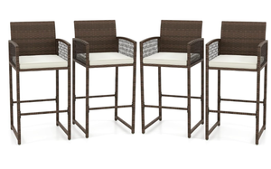 lot 48 image: Tangkula Patio Bar Stools Set of 4, PE Rattan Bar Height Chairs with Backrests, Armrests, Footrests & Soft Cushions, Outdoor High Top Barstools with Metal Frames for Backyard (4 Pack)