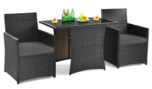 lot 49 image: DORTALA 3 Pieces Patio Dining Set, Outdoor Rattan Bistro Set with Cushions, Tempered Glass Tabletop, Wicker Conversation Set for Garden Backyard Poolside Porch, Grey