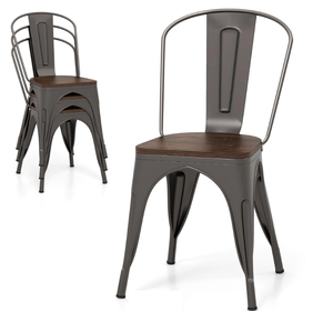 lot 340 image: Giantex Metal Dining Chairs Set of 4, Stackable Kitchen Chairs with Wood Seat & Removable Backrest