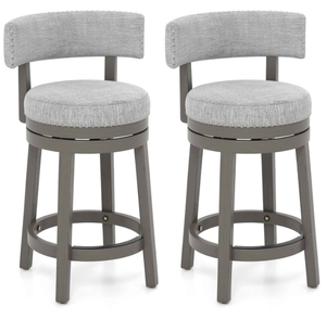 lot 52 image: Costway Upholstered Swivel Bar Stools Wooden Counter Height Kitchen Chairs Grey