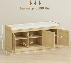 lot 123 image: HOMCOM Shoe Storage Bench with Woven Rattan Doors, Shoe Bench with Cushion, Adjustable Shelves, Entryway Bench, Oak Tone