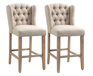 lot 124 image: HOMCOM Counter Height Bar Stools Set of 2, 27 Seat Height Upholstered Barstools, Farmhouse Kitchen Island Stools with Nailhead-Trim, Tufted Back and Wooden Legs, Beige (Missing 2 Legs)