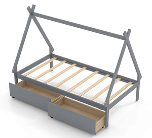 lot 125 image: Costway Twin Size Wooden House Bed with 2 Drawers Roof Storage for Boys & Girls Gray (Maybe Missing Hardware)