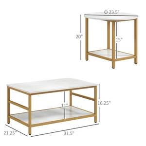 lot 76 image: HOMCOM Coffee Tables Set of 2, Rectangle and Round Coffee Table with Storage Shelves, Faux Marble Top, Living Room Table Set