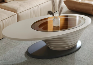 lot 78 image: Light Luxury Modern Minimalist Oval Glass Tabletop Coffee Table Gray Base 51 in. - L 51.18W 25.59H 14.37