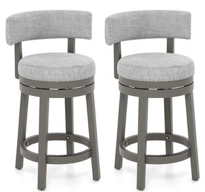 lot 360 image: COSTWAY Bar Stool Set of 2, 360° Swivel Barstool with Upholstered Back & Seat, Solid Rubber Wood Legs & Footrest, Farmhouse Counter Height Chair for Home, Bar, Cafe, Grey