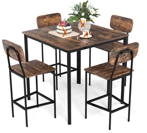 lot 367 image: COSTWAY Dining Table Set for 4, 5-Piece Square Kitchen Nook Dinette Set with 4 Bar Stools with Footrest, Backrest, Space-Saving Design, Industrial Kitchen Table and Chairs for Apartment, Coffee