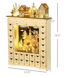 lot 461 image: HOMCOM Christmas Advent Calendar, Wooden Countdown to Christmas Table Decoration with 24 Drawers, Lights, Battery Operated