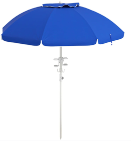 lot 462 image: Outsunny 5.7 Beach Umbrella for Travel with Tilt, Adjustable Height, 2 Cup Holders, Hooks, Vent, Ruffles, Sapphire Blue