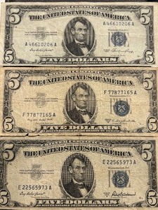 lot 50 image: 1953 Blue Seal $5 Dollar Silver Certificates