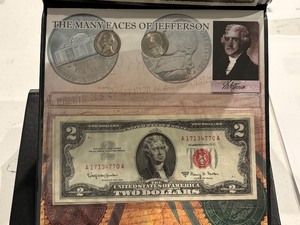 lot 79 image: Jefferson Nickels and $2 Dollar Bill