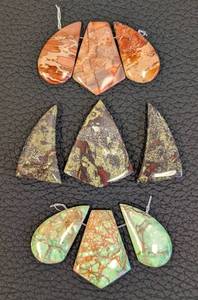 lot 7 image: Set of 9 Large Stone Pendant Beads Assorted Colors including Jasper Cabochons and Chrysocolla