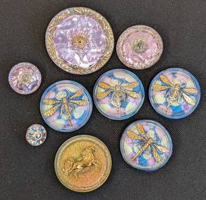lot 23 image: Set of 9 Czech Glass Buttons with Dragonfly and Unicorn Designs