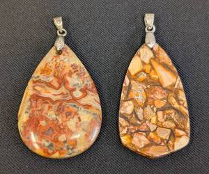 lot 25L image: Pair of Jasper Stone Pendants with Silver-Tone Bails