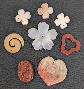 lot 124 image: Eight Unique Stone Bead Pendants - Assorted Floral, Heart & Carved Shapes (Largest 2x2)