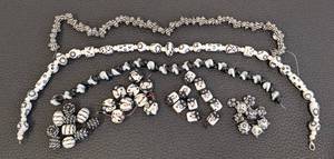 lot 130 image: Black & White Glass Bead Lot with Shell Strand - SpiralSwirl Beads for Jewelry