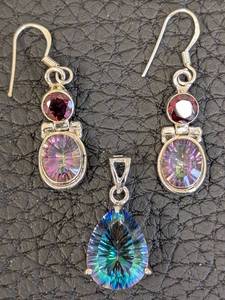 lot 139 image: Mystic Topaz Pendant & Earrings Set - Teardrop Rainbow Stones, Silver-Tone