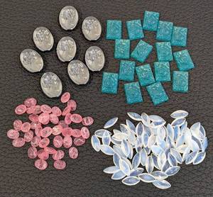 lot 143 image: Assorted Vintage Glass Jewels - Coin Cabochons, Teal Squares, Pink Discs, Marquise Shapes