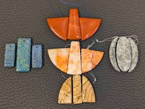 lot 175 image: Five Polished Stone Pendant Sets - Blue-Green Rectangles, Orange Marble, Beige Veined, Gray Marble