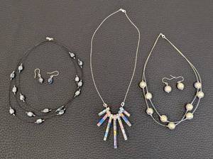 lot 181 image: Two Matching Dichroic Glass Necklace & Earring Sets  Rainbow Bar Pendant Necklace