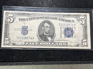 lot 69 image: 1934-D US BLUE SEAL $5 SILVER CERTIFICATE