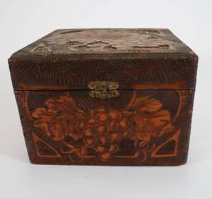lot 58 image: Antique Flemish Art Co. Pyrography Carved Grape Wooden Box