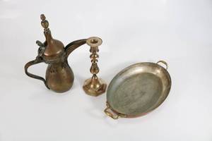 lot 54 image: Vintage Lot of (Brass Coffee Pot, Candlestick Holder, Copper Pan)