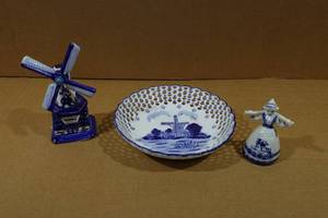 lot 241 image: Vintage Delft Ceramic Dutch Holland Windmill with Figurine and Plate