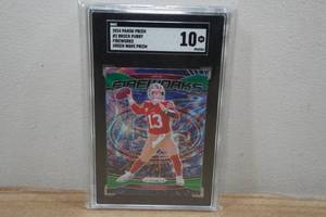 lot 11 image: 2024 Panini Prizm Brock Purdy Fireworks Green Wave Football Card - SGC 10