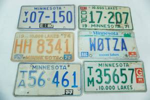 lot 19 image: 6 Vintage Minnesota License Plates. (1970s)