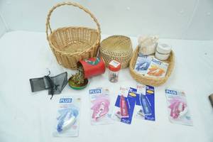 lot 47 image: Sewing Supplies Lot New Glue Tape and Refills, baskets, safety pins, Velcro, lace edging