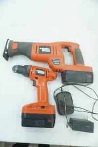 lot 63 image: Black N Decker Saw all , Drill ,2 18v Batteries, charger