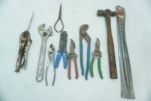 lot 71 image: Hand Tools Lot large wrench, shears, pliers, hammer, large drill bit