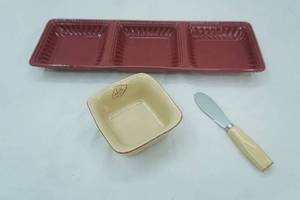 lot 101 image: Ceramic Divided Relish Dish, Dip Bowl and Cheese Knife. Tastefully Simple