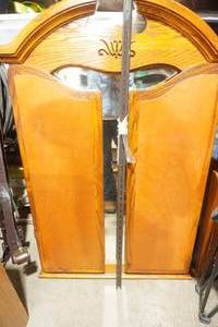 lot 119 image: TV entertainment center, vintage wooden chairs, headboard, metal frame, mirror