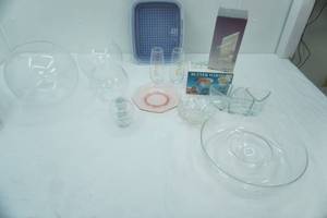 lot 121 image: Rubbermaid Bar Pan, Pink Depression Glass Plate, Crystal Candle Holders, Glass Votive Holders