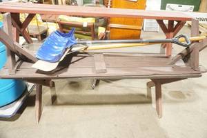lot 125 image: Picnic Table with 2 benches. And two Snow Shovels
