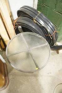 lot 126 image: Aluminum Baseball Bat, Hockey Stick, Glass Patio Side Table, Landscape Edging