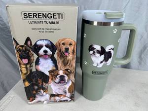 lot 28 image: New Serengeti Vacuum Insulated Stainless Steel Tumbler with Lid - Shih Tzu Dog
