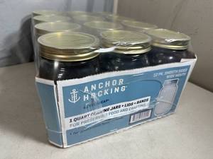 lot 38 image: New Case of 12 Anchor Hocking 1 Quart Canning Jars with Lids - Wide Mouth