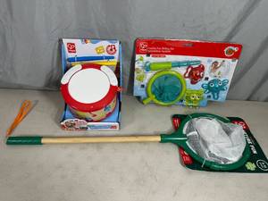 lot 61 image: 3 New Hape Toys, Drum, Bath Fishing Set, Nature Net