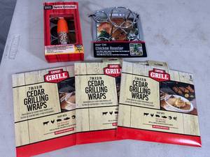 lot 206 image: New Beer Can Chicken Roaster, Cedar Grilling Wraps, Spice Grinder